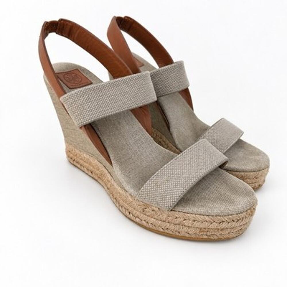 Tory Burch 2 Band Espadrille Wedge Sandals size 9 Metallic Gold Canvas Leather
